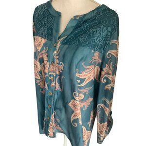 One World Blue Paisley Pattern Long Sleeve Tunic Blouse Top